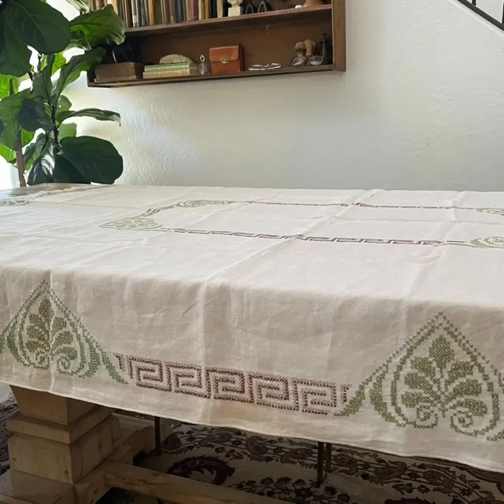 Vintage Beige Linen Tablecloth 73 x 56 Cross-stitch Embroidery Greek Key Border